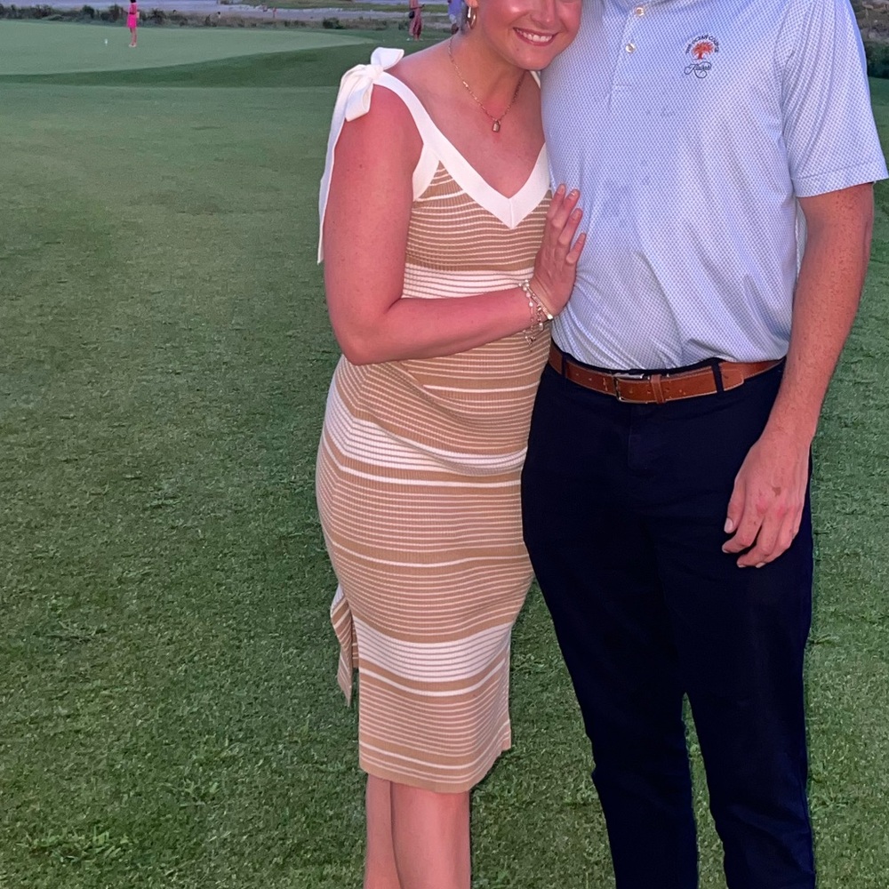 Tan and White Striped Midi Dress